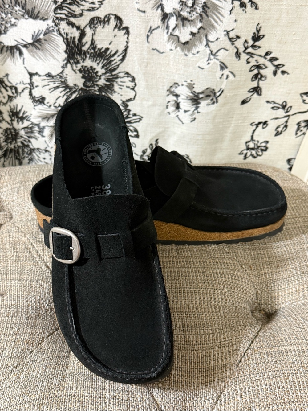 Birkenstock Black Suede Buckle Clog Mules